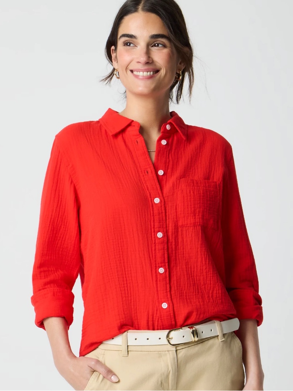 J. Crew Red Double Gauze Long Sleeve Button Up Shirt